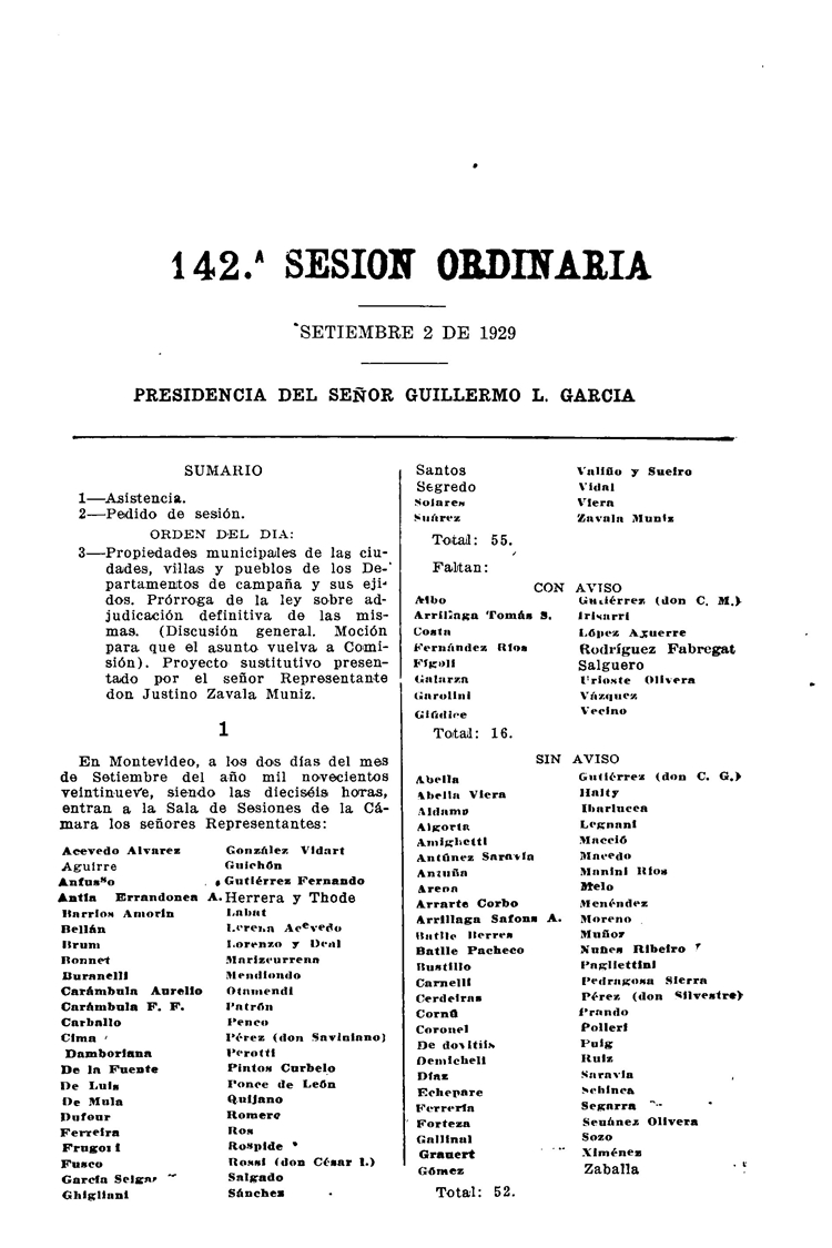 DIARIO DE SESIONES DE LA CAMARA DE REPRESENTANTES del 02/09/1929